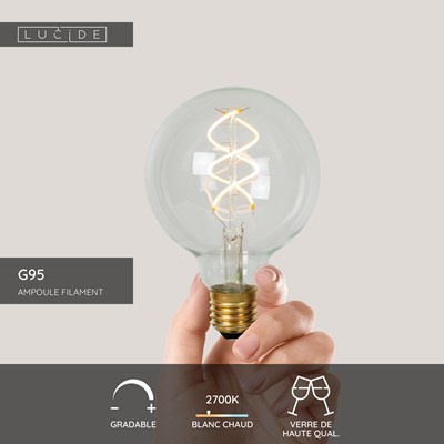 Lucide G95 - Ampoule filament - Ø 9,5 cm - LED Dim. - E27 - 1x4,9W 2700K - Transparent